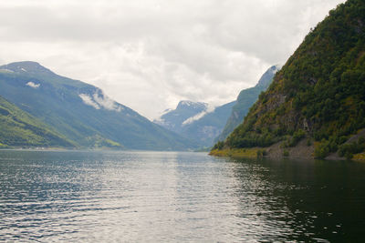 Scenic view of lake and mountains against sky