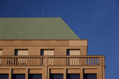 Low angle view of building against clear blue sky