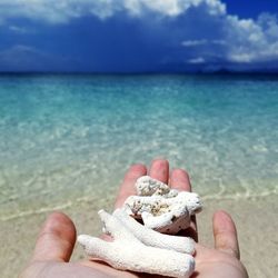 Midsection of person hand on sea shore