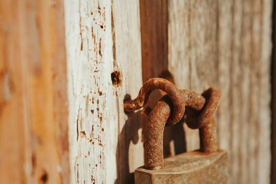 Close-up of rusty metal on wood