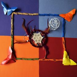 Directly above view of craft product on colorful table
