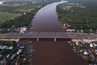 High angle view of city at waterfront