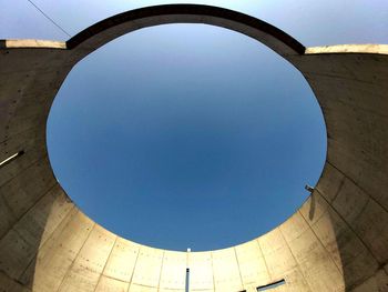 Directly below shot of built structure against clear blue sky