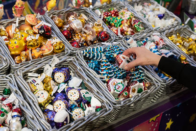 Gum main department store. new year and christmas fair. christmas toys for sale in baskets.