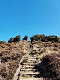 Low angle view of trail against clear blue sky
