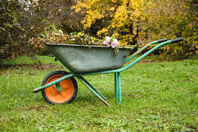 A garden steel robust wheelbarrow with garden garbage. concept preparing garden for winter season