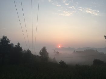 Silhouette trees on landscape against sky at sunset