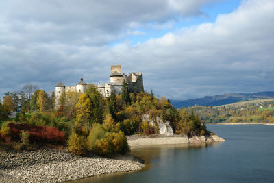 Buildings by lake against sky