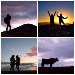 Silhouette of couple standing on landscape at sunset