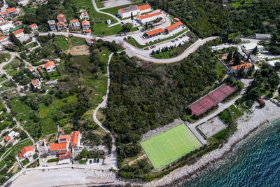 High angle view of buildings in city