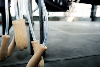 Close-up of clothes hanging on wood