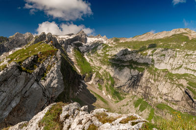 Panoramic view of rocks and mountains against sky