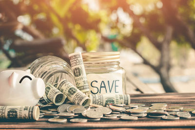 Close-up of coins on table