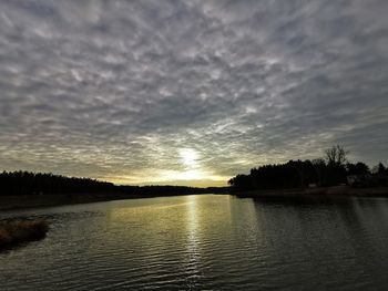 Scenic view of lake against sky at sunset