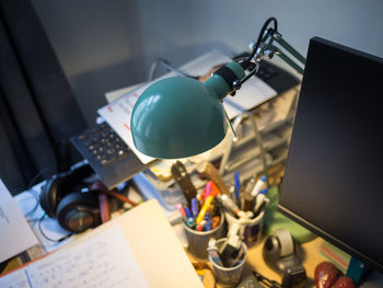 Close-up of messy desk of student