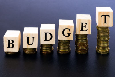 Close-up of coins on table