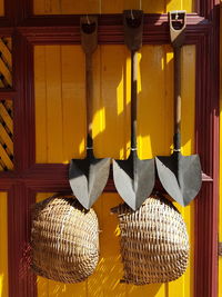 Close-up of wicker basket hanging