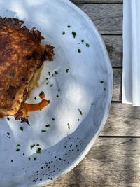 High angle view of food in plate on table