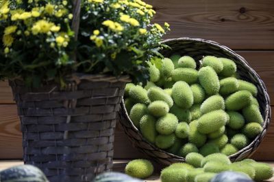 Close-up of flowers with fruits in basket on table