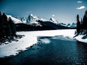 Scenic view of snowcapped mountains against sky during winter