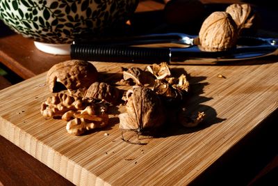 High angle view of mushrooms on table