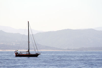 Sailboat sailing on sea against sky