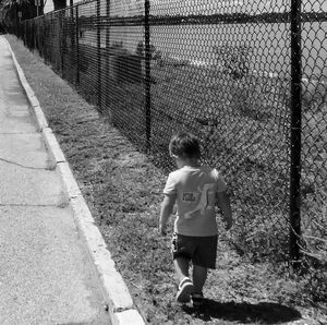 Rear view of boy walking on zebra crossing