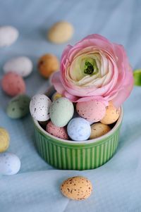 Close-up of multi colored candies on table