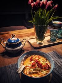 High angle view of food served on table