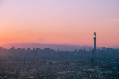 Aerial view of buildings in city during sunset