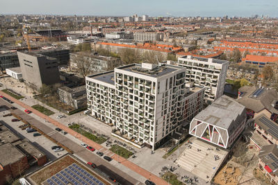 High angle view of buildings in city