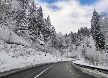 Road amidst snow covered trees against sky