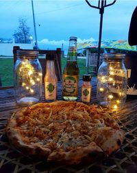 Close-up of food on table against sky