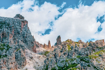 Low angle view of rocks against cloudy sky