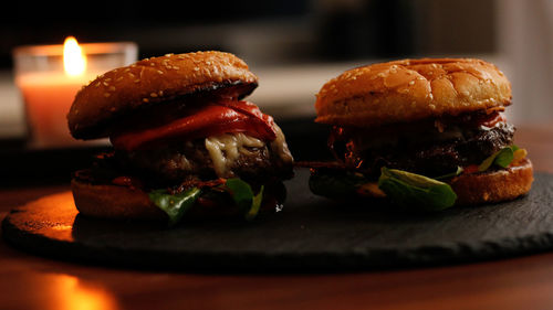 Close-up of burger on table