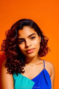 Portrait of young woman against yellow background