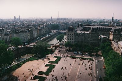 High angle view of town square and buildings