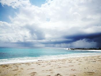 Scenic view of beach against cloudy sky