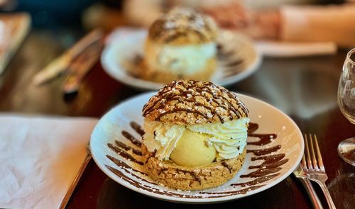 Close-up of dessert in plate on table