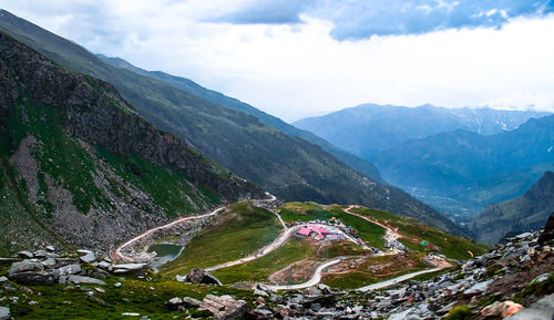 High angle view of mountains against sky