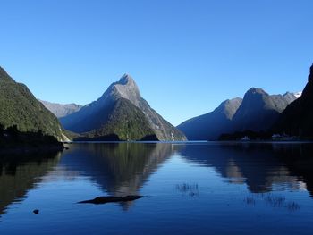 Scenic view of lake and mountains against clear blue sky