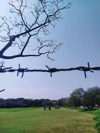 View of barbed wire on field against sky