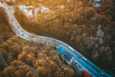 High angle view of road by trees in city