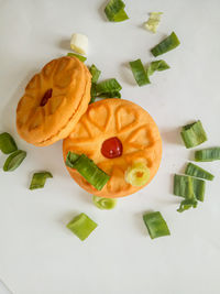High angle view of fruits in plate on table