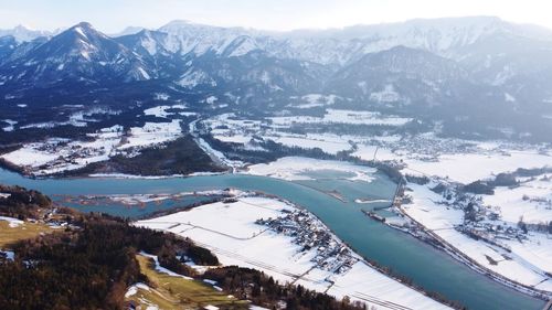 High angle view of snowcapped mountains