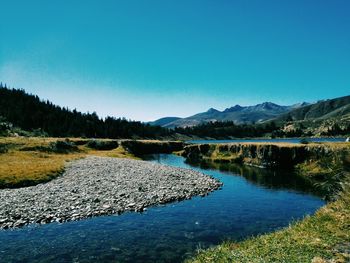 Scenic view of lake against clear blue sky