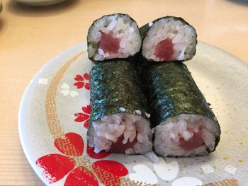 High angle view of sushi in plate on table