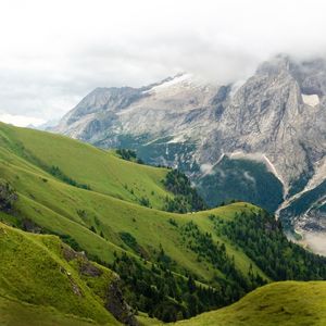 Scenic view of valley and mountains against sky