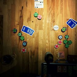 Close-up of objects on wooden wall