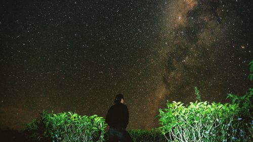 Rear view of man standing against sky at night